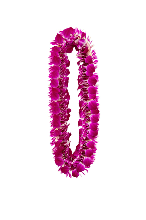 A flat, fluffy lei made of layered purple orchid petals arranged in a full, dense design, displayed on a white background.