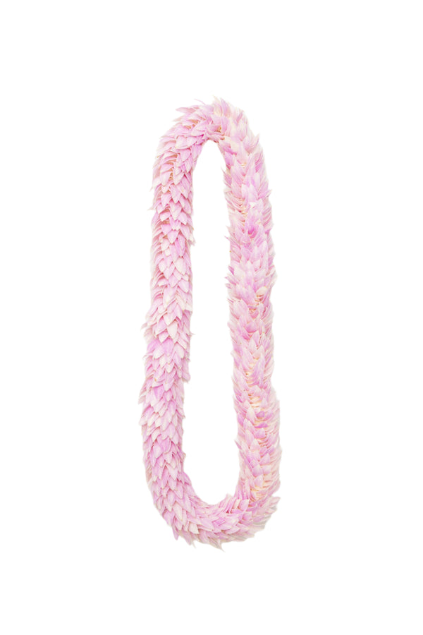 Light pink floral orchid lei with a feather or dragon tail-like design, displayed against a white background.
