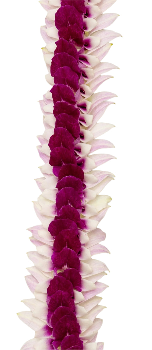 Close-up of the lei showing the delicate pastel pink orchid petals flaring outward, with deep purple centers adding contrast and depth to the layered design.