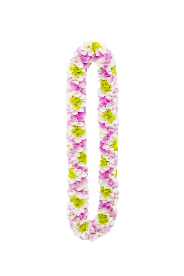 Lei made of pink, white, and green orchid petals arranged in a crisscross pattern