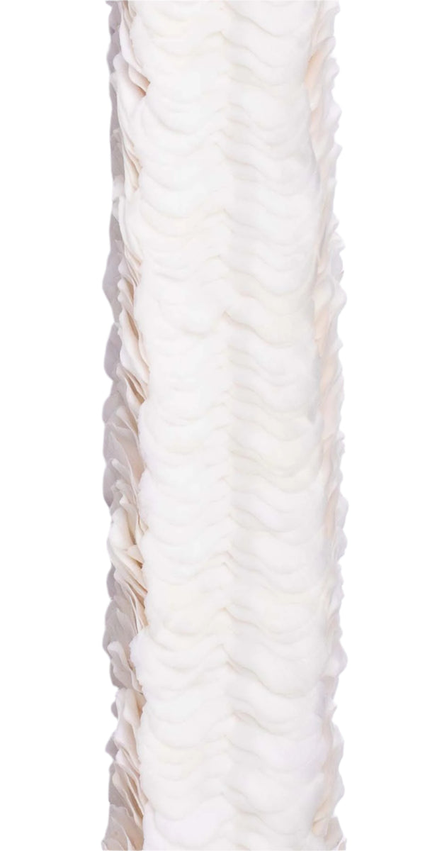 Close-up of a white orchid lei showing the intricate layering of its 900 flat petals, highlighting the texture and detail against a white background, ideal for weddings.