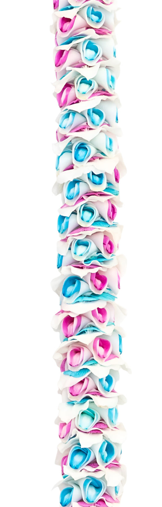 Close-up of the Kanake premium lei made with white orchids, featuring blue and pink-dyed petals for a cotton candy-like appearance.