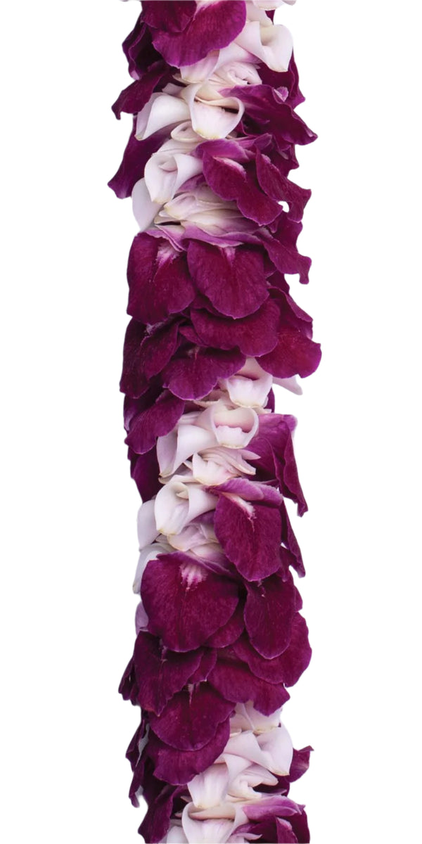 Close-up of a premium lei showcasing purple orchid petals interspersed with the firm nose parts of the blossoms, arranged in an alternating diagonal spiral pattern highlighting texture and detail.