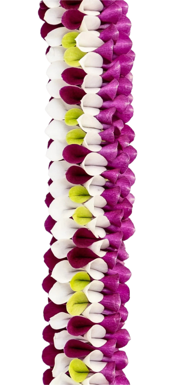 Close-up of a colorful orchid lei showing detailed petals in shades of purple, white, and jade green, highlighting their texture and vibrant colors.