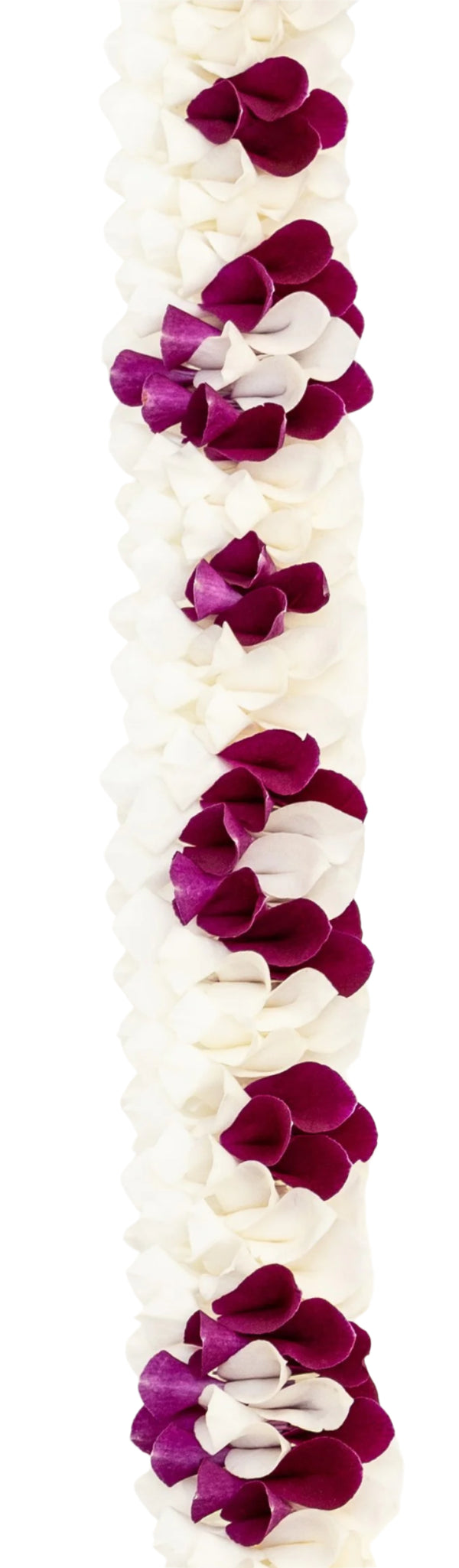 Close-up of a premium spiral orchid lei showing white orchid petals with clusters of purple petals forming a detailed diamond-like pattern.