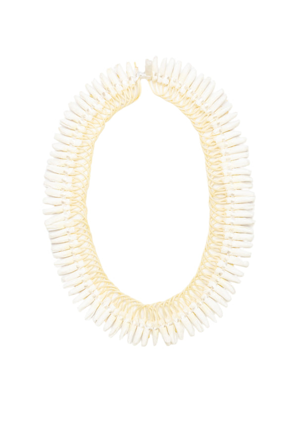 A traditional Micronesian ginger lei with thin petals rolled and sewn into loops, ideal for weddings, displayed against a white background.