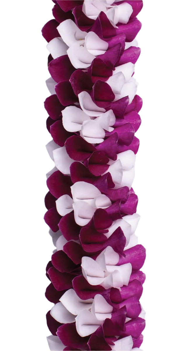 Close-up of a white orchid lei with deep purple crisscross diamond patterns arranged spirally, highlighting the intricate petal details against a white background.