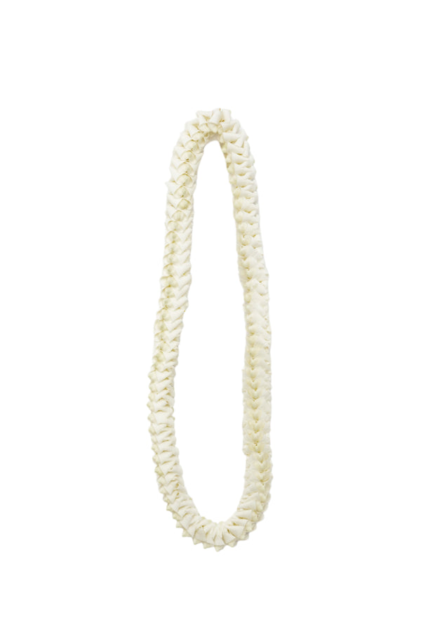 All white deluxe orchid lei with folded petals forming a unique round design, ideal for weddings.