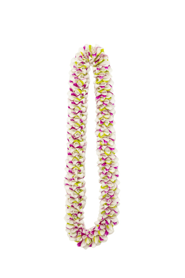 A spiral lei made from fresh purple, white, and green orchid petals.