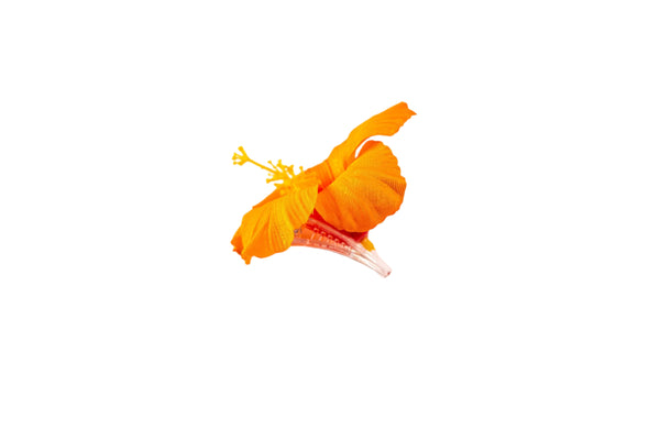 Orange silk hibiscus hair clip displayed against a white background.