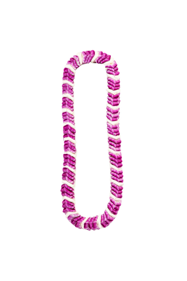 Lei featuring alternating folded pattern of three purple orchids followed by one white orchid, isolated on a white background.