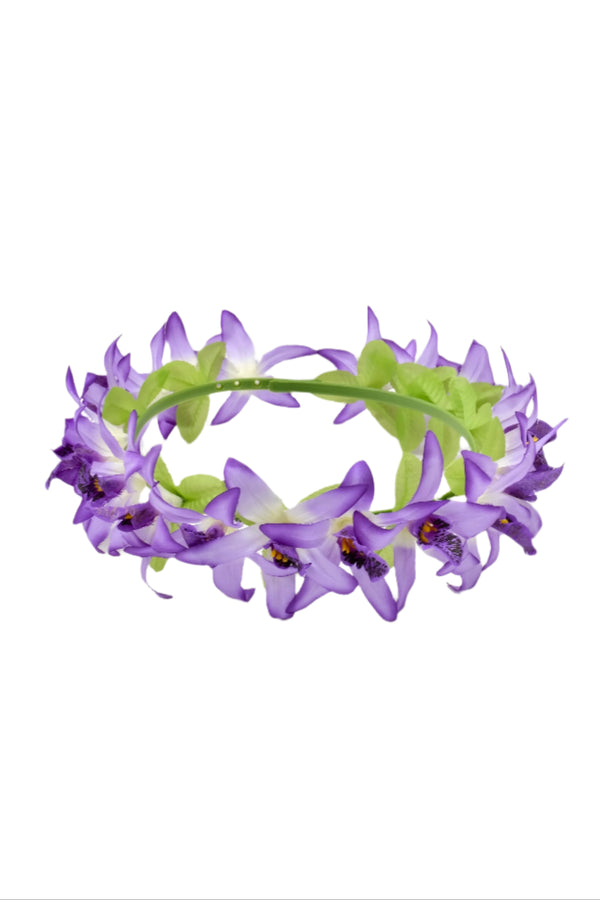 20-inch children’s silk floral head lei, known as a Lei Po‘o, featuring purple  flowers and green leaves.