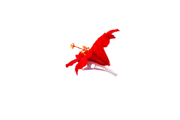 Red silk hibiscus hair clip displayed against a white background.