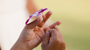 Two hands carefully holding a needle as it pierces the back of a purple dendrobium orchid bloom during lei making, with a soft green background.