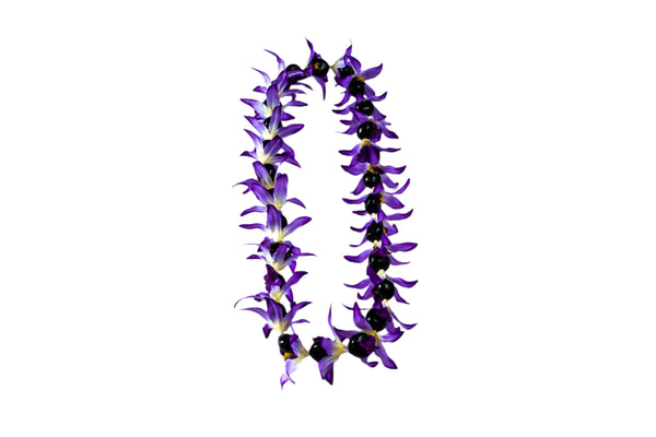 Lei made of silk purple orchids and black kukui nuts, displayed against a white background.