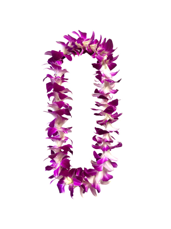 A kid size single purple orchid lei on a white background.