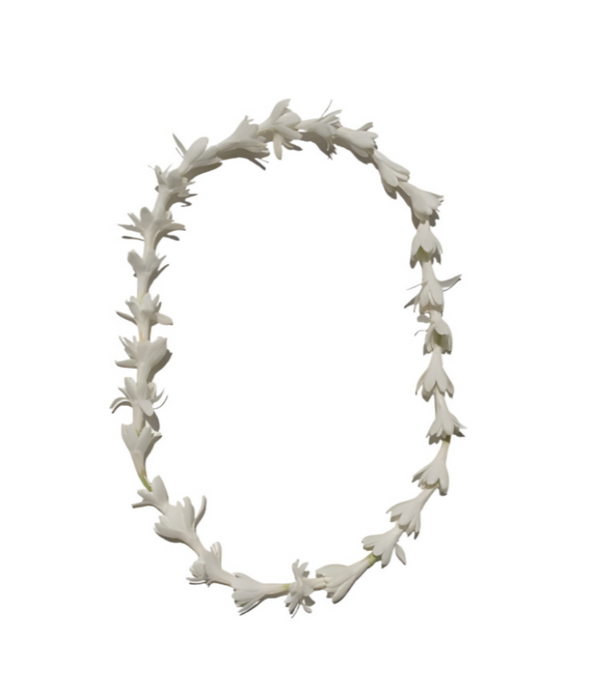 Single strand tuberose lei on white background, ideal for weddings.
