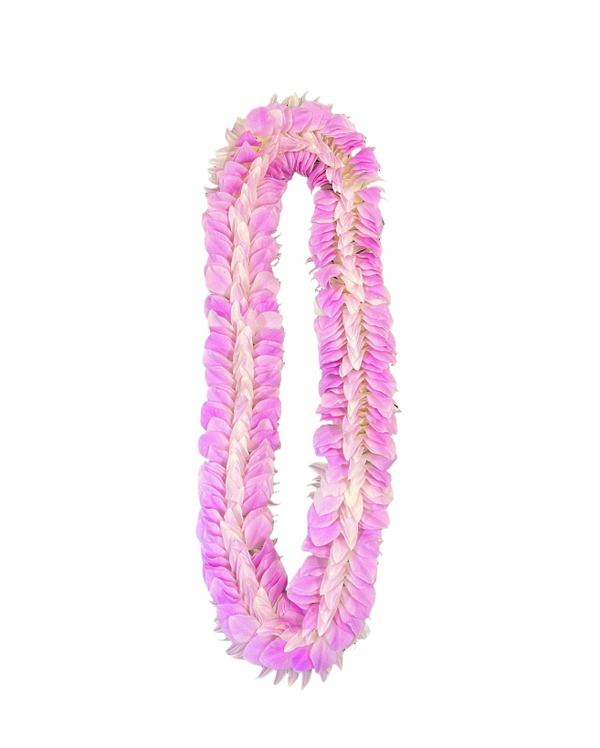 Sweetheart Sakura floral lei made with light pink orchid petals, sewn into a thick, full design, displayed on a white background.