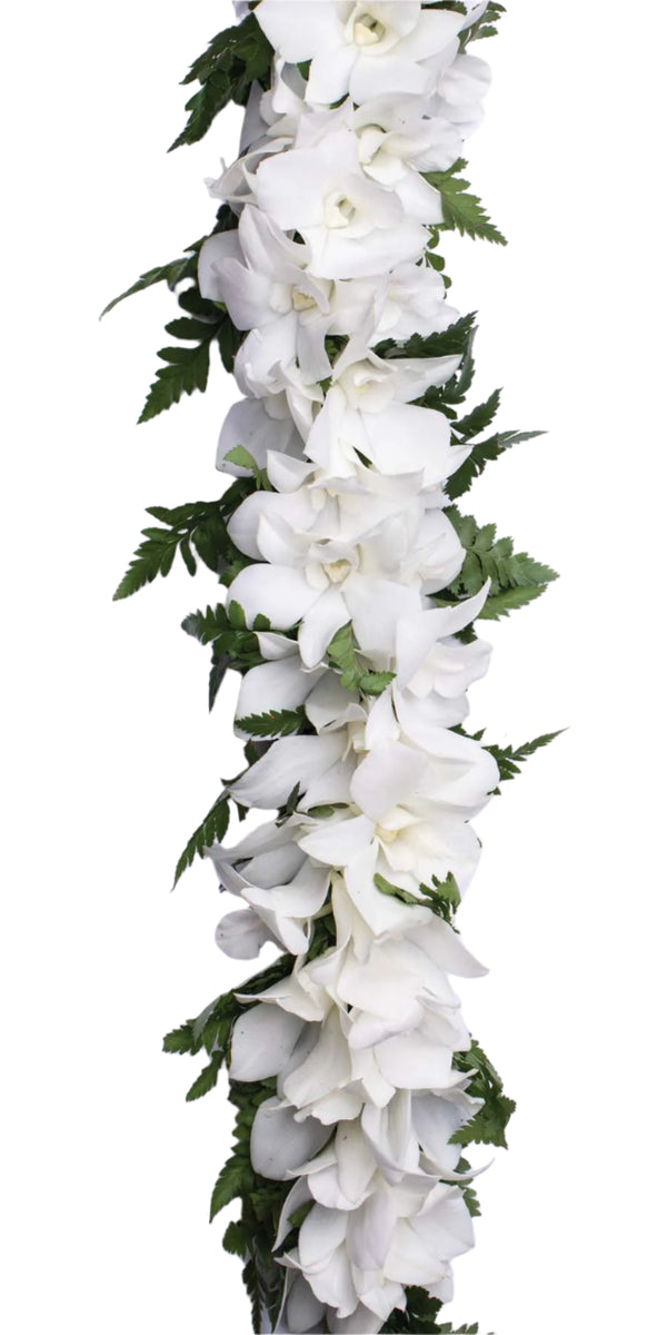 Close-up of a head lei made with white orchids and green fern leaves, showing the delicate floral and foliage details against a white background.