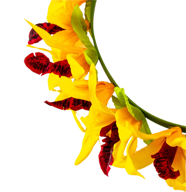 Close-up of a 20-inch children’s silk Lei Po‘o head lei with yellow and red flowers and green leaves, showing the detailed floral arrangement and texture.