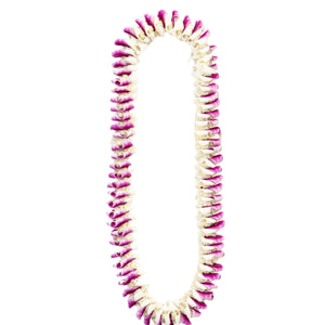 Lei made of alternating purple and white orchid petals, folded and arranged in a dimensional style that creates a half-white, half-purple visual effect.