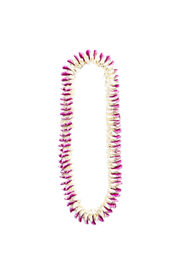 Lei made of alternating purple and white orchid petals, folded and arranged in a dimensional style that creates a half-white, half-purple visual effect.