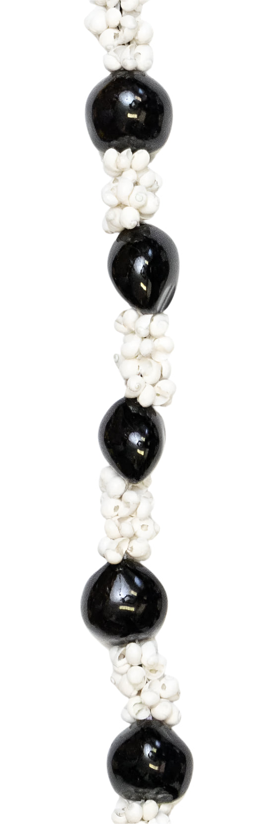 Close-up of lei showcasing alternating glossy Kukui nuts and white Mongo shells.