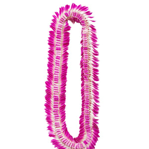 A purple flat deluxe lei with loops in the middle and flared edges, known as the butterfly lei, displayed against a white background.