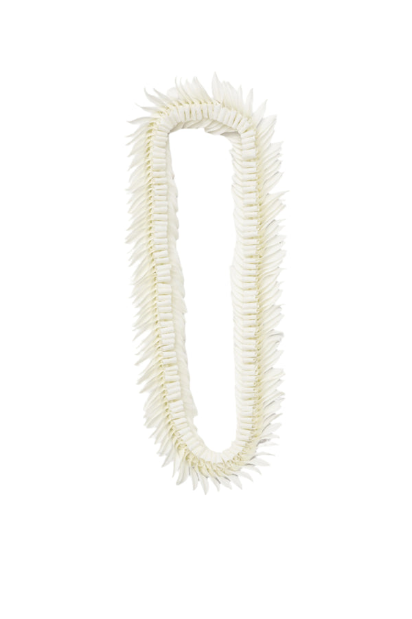 A white flat deluxe lei with loops in the middle and flared edges, known as the butterfly lei, displayed against a white background.