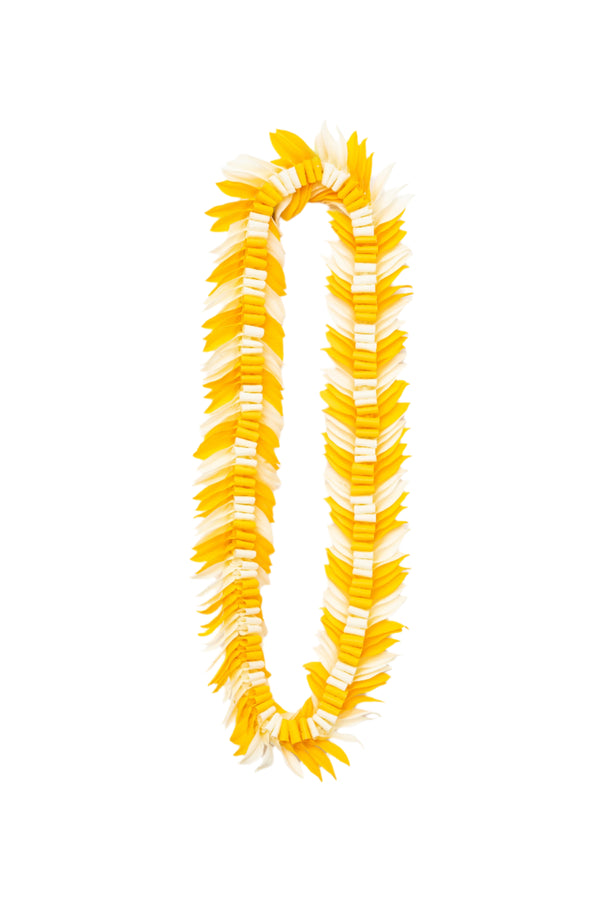 A white and yellow alternating flat deluxe lei with loops in the middle and flared edges, known as the butterfly lei, displayed against a white background.