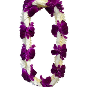 A full deluxe lei featuring overlapping sections of white and purple orchid blossoms, arranged in a lush, layered design against a white background.