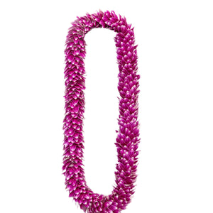Purple orchid lei with a feather or dragon tail-like design, displayed against a white background.