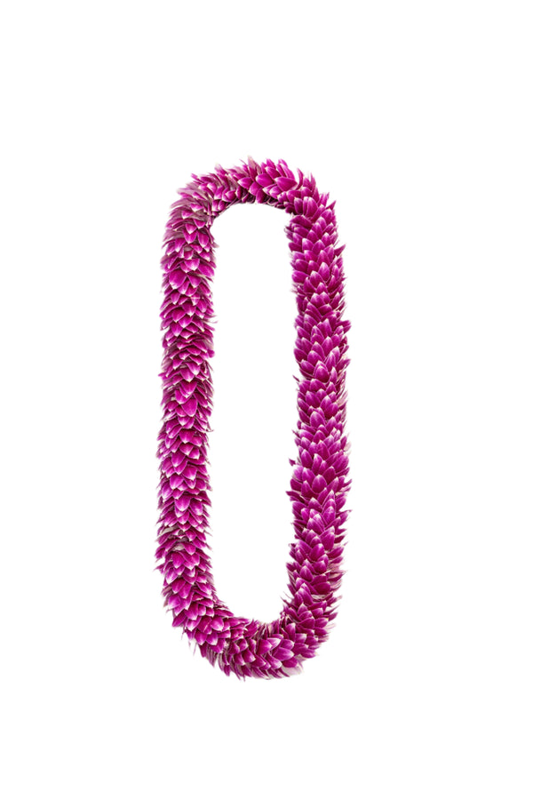 Purple orchid lei with a feather or dragon tail-like design, displayed against a white background.