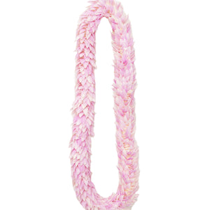 Light pink floral orchid lei with a feather or dragon tail-like design, displayed against a white background.
