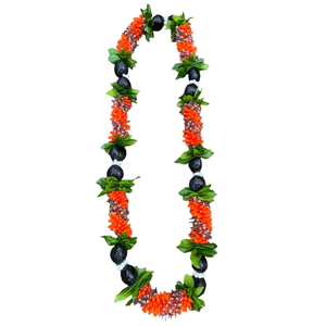 Lei made with different shades of cigar flowers, accented by green ti leaves, black Kukui nuts, and white Mongo shells.