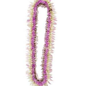 A flat orchid lei made with pastel pink petals on the edges, deeper pink blossoms, and a hint of jade green in the center, laid out on a white surface.