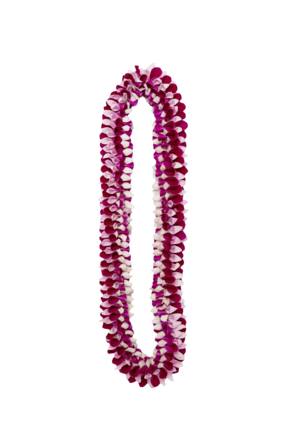 Lei made of dark purple, pink, and white orchid petals arranged in a spiral-like pattern.