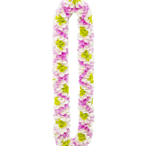 Lei made of pink, white, and green orchid petals arranged in a crisscross pattern