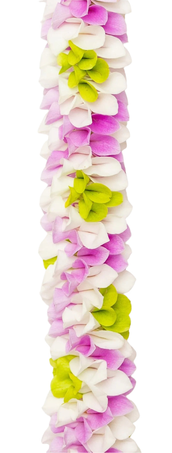 Close-up of a lei featuring pink, white, and green orchid petals intricately arranged in a crisscross pattern, highlighting the layered texture and vibrant colors.