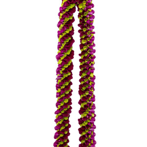 Spiral lei made from orchids in purple and jade green, arranged in an alternating diagonal pattern, displayed on a white background.