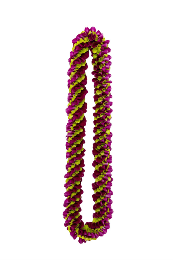 Spiral lei made from orchids in purple and jade green, arranged in an alternating diagonal pattern, displayed on a white background.