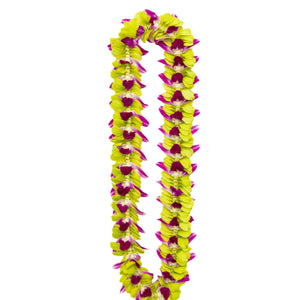 A lei made of vibrant jade green and purple orchid petals arranged in a layered pattern, with the deep purple hues peeking through both the center and edges for a striking contrast.