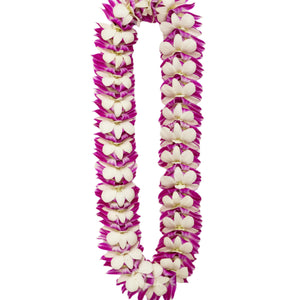 A flat deluxe lei made of orchids, featuring purple and white blossoms arranged with overlapping and folding techniques for an intricate, elegant design, displayed against a white background.