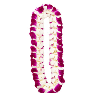 A flat deluxe lei made of orchid flowers laid out on a white background, featuring purple and white petals arranged in an overlapping pattern for a layered, elegant look.