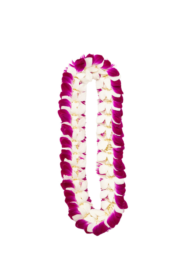 A flat deluxe lei made of orchid flowers laid out on a white background, featuring purple and white petals arranged in an overlapping pattern for a layered, elegant look.
