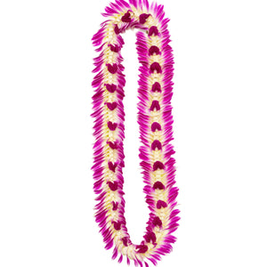 A flat deluxe orchid lei made with rich purple orchid blossoms, designed with petals peeking out in the middle and flaring outward at the edges, displayed on a white background.
