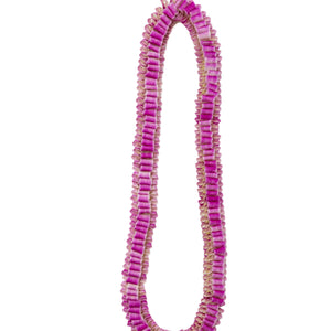 Round lei made of purple orchid petals arranged in a loop-like folding pattern, creating a textured floral design.