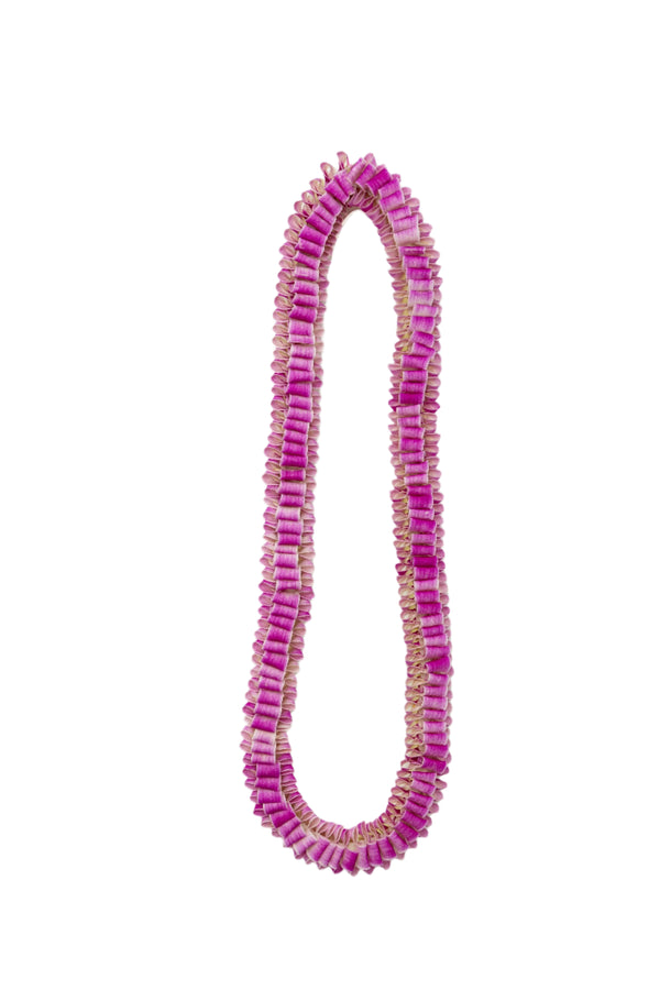 Round lei made of purple orchid petals arranged in a loop-like folding pattern, creating a textured floral design.