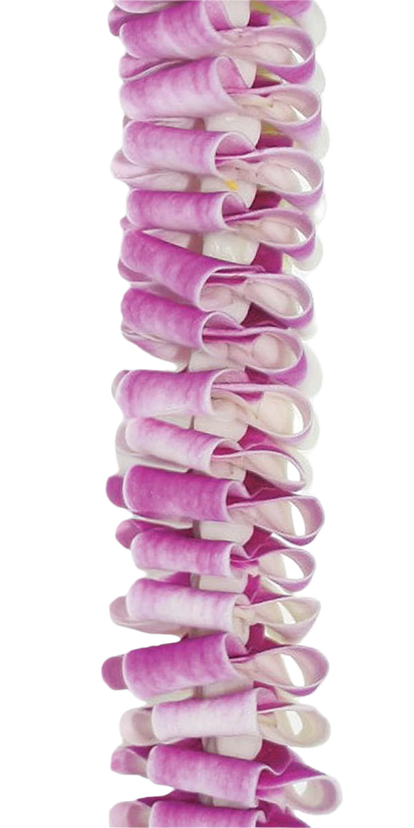 Close-up of folded purple orchid petals in a loop-like pattern forming a dimensional round lei.