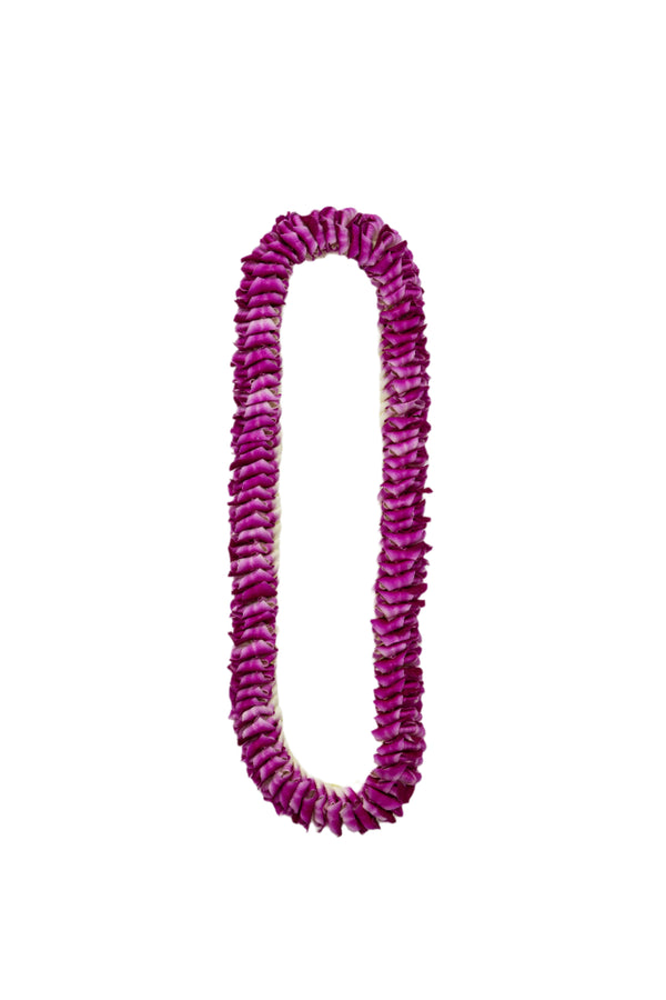 A purple round lei made of delicately folded orchid petals, displayed against a white background.